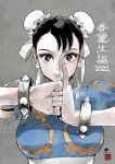  1girl 2021 ahn_dongshik birthday blue_dress bracelet bun_cover character_name china_dress chinese_clothes chun-li commentary_request double_bun dress earrings eyelashes eyeliner fingernails fist_in_hand grey_background hair_bun hair_ribbon hatching_(texture) highres jewelry light_smile linear_hatching looking_at_viewer loose_hair_strand makeup mandarin_collar pankou puffy_short_sleeves puffy_sleeves red_eyeliner red_lips ribbon seal_impression seal_script shanghai_neckline short_hair short_sleeves simple_background solo spiked_bracelet spikes straight-on street_fighter street_fighter_ii_(series) upper_body waistband 