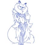  2017 blue_and_white breasts cute_fangs delphox female hand_on_hip looking_at_viewer monochrome navel nintendo open_mouth open_smile plagueofgripes pointing pok&eacute;mon pok&eacute;morph simple_background smile video_games white_background 