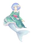  blue_eyes blue_hair commentary_request drill_hair flower full_body fur_collar green_kimono hair_flower hair_ornament head_fins japanese_clothes kimono mermaid monster_girl obi sash solo touhou wakasagihime wide_sleeves yorica 