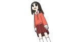  1girl azumanga_daioh azumanga_daioh&#039;s_school_uniform black_eyes black_hair dutch_angle feet_out_of_frame from_below highres kasuga_ayumu medium_hair open_mouth pink_serafuku pink_shirt pleated_skirt red_skirt sailor_collar school_uniform serafuku shirt skirt socks solo tareme tsukumizu_yuu white_background white_sailor_collar white_socks 