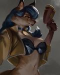  2016 anthro blue_hair bra breasts canine carmelita_fox clothing collar female fox furstang gun hair half-length_portrait jacket mammal midriff navel portrait ranged_weapon sly_cooper_(series) solo underwear video_games weapon 