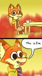  anthro beverage canine chair clothed clothing colored comic cup dialogue dipstick_ears disney fire fox humor male mammal meme necktie nick_wilde pants parody shirt sitting solo speech_bubble table text unknown_artist zootopia 