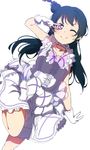  ;) bad_id bad_pixiv_id bangs black_hair bow bowtie choker cross cross-laced_clothes cross_earrings double_v dress earrings feathers frilled_bow frills gloves hair_feathers icehotmilktea jewelry lolita_fashion long_hair looking_at_viewer love_live! love_live!_sunshine!! one_eye_closed purple_eyes side_bun simple_background smile solo standing standing_on_one_leg tsushima_yoshiko v v_over_eye white_background white_gloves 