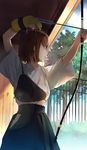  aiming archery arrow bad_id bad_pixiv_id bow_(weapon) brown_eyes brown_hair fate/stay_night fate_(series) fence gloves highres kinutakouji looking_away mitsuzuri_ayako muneate official_art outdoors partly_fingerless_gloves short_hair single_glove solo weapon yugake 