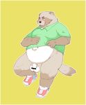  2019 anthro balls belly big_balls blush canid canine clothing f_win flaccid humanoid_hands humanoid_penis male mammal navel overweight overweight_male penis raccoon_dog shirt simple_background solo tanuki 