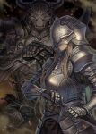  1boy 1girl arm_armor armor belt brown_hair closed_mouth commentary_request fake_horns full_armor gauntlets green_eyes hagure_keg hand_on_hilt hand_on_sheath helmet highres holding holding_sword holding_weapon horned_helmet horns knight long_hair original sheath sheathed shoulder_armor smoke sword upper_body weapon 