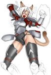  armor breastplate cat_ears cat_tail fangs final_fantasy final_fantasy_xi hairband mithra open_mouth paladin shield sword tagme tail thighs translation_request unfinished white_background white_hair 