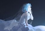  1girl alternate_costume bleeding blood blood_on_face blue_hair bridal_veil bride choker closed_eyes detached_sleeves dress earrings elbow_gloves enomoto_noa frilled_sleeves frills from_side gloves gunshot_wound heart heart_earrings highres injury jewelry light_particles maican_guanjun open_mouth saibou_shinkyoku short_sleeves smile solo spoilers veil wedding_dress white_choker white_dress white_gloves white_sleeves 