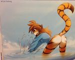  :3 anthro breasts casual_nudity cat clothed clothing feline female flora_(twokinds) fur hair hi_res keidran long_hair mammal nude orange_fur simple_background smile stripes text tiger tom_fischbach traditional_media_(artwork) twokinds water webcomic white_fur 