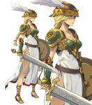  armor armored_dress bare_legs belt bikini_armor blonde_hair blue_eyes bow braid breastplate breasts cleavage collarbone commentary enami_katsumi full_body gauntlets green_armor hair_bow helmet highres holding holding_shield holding_sword holding_weapon legs long_hair long_sword looking_afar medium_breasts multiple_views pauldrons robe sandals serious shaded_face shield shoulder_pads simple_background single_braid standing sword unsheathed valkyrie valkyrie_(vnd) valkyrie_no_densetsu warrior weapon white_background white_robe winged_helmet zoom_layer 