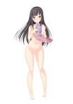  absurdres bangs barefoot black_hair blunt_bangs blush bow breasts brown_bow brown_eyes covering covering_breasts eyebrows_visible_through_hair fan folding_fan foreshortening full_body hair_bow half-closed_eyes highres hips holding holding_fan large_breasts long_hair looking_at_viewer navel no_pussy nude original parted_lips pigeon-toed sasakura_momiji simple_background smile solo standing thighs white_background 