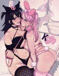  2girls absurdres artist_name ass black_bra black_hair black_panties blue_eyes bra breasts cleavage collar fishnet_thighhighs fishnets hair_ornament hair_ribbon highres huge_ass huge_breasts humanization kuromi large_breasts lip_piercing long_hair multiple_girls my_melody onegai_my_melody panties piercing pink_hair pink_lips rabbit_tail revealing_clothes ribbon sanrio skull_hair_ornament spiked_collar spikes succuboos tail thick_thighs thighhighs thighs underwear wide_hips wrist_cuffs yuri zoom_layer 