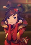 alternate_costume bangs blurry blurry_background blush brown_eyes brown_hair closed_mouth commentary dress drone elbow_gloves eyelashes eyewear_removed glasses gloves hair_ornament hair_rings hair_stick hands_on_own_cheeks hands_on_own_face holding holding_eyewear long_sleeves looking_at_viewer luna_mei machinery mei_(overwatch) overwatch red_dress red_gloves robot satchely short_hair smile snowball_(overwatch) solo squatting swept_bangs upper_body 