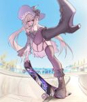  1girl arm_up armpits blue_sky boots day detached_sleeves dress fisheye garter_belt garter_straps gnarlypzofbread grey_hair halfpipe hat herta_(honkai:_star_rail) high_heel_boots high_heels highres holding holding_skateboard honkai:_star_rail honkai_(series) leg_up long_hair outdoors panties parted_lips purple_eyes short_dress skateboard skateboarding sky solo strapless strapless_dress the_herta_(honkai:_star_rail) thighhighs underwear very_long_hair wide_sleeves witch_hat 