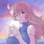  ahoge bangs blonde_hair blue_eyes breasts eyebrows_visible_through_hair floating_hair hair_between_eyes holding ipad kuroinu_momotarou large_breasts long_hair looking_at_viewer original outdoors parted_lips solo sunset tablet_pc turtleneck upper_body 