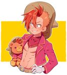  abs bandana belt bright_pupils cropped_jacket disney ear_piercing gloves hand_on_hip jacket kiri_futoshi male_focus multicolored_hair nipples orange_hair panchito_pistoles personification piercing red_eyes shirtless signature simple_background smile solo stuffed_animal stuffed_toy teddy_bear the_three_caballeros two-tone_hair white_gloves yellow_background 