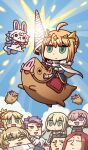  3girls 6+boys agravain_(fate) ahoge armor armored_boots artoria_pendragon_(fate) artoria_pendragon_(lancer)_(fate) bedivere_(fate) black_armor black_hair blonde_hair blue_background boar boar_piglet_(fate) boots bun_with_braided_base cape cheering chibi chibi_only chinese_zodiac closed_eyes closed_mouth commentary creature expressionless fate/grand_order fate_(series) fou_(fate) gawain_(fate) glowing glowing_weapon green_eyes hair_over_one_eye happy holding holding_polearm holding_weapon horseback_riding knights_of_the_round_table_(fate) lancelot_(fate/grand_order) long_hair low_twintails mash_kyrielight mash_kyrielight_(demi-servant) merlin_(fate) mordred_(fate) multiple_boys multiple_girls official_art open_mouth parted_lips pink_hair polearm ponytail purple_eyes red_hair red_scrunchie reins rhongomyniad_(fate) riding riyo_(lyomsnpmp) saddle scrunchie short_hair sidelocks small_sweatdrop smile solo_focus third-party_source tristan_(fate) twintails v-shaped_eyebrows weapon white_cape white_hair year_of_the_pig 