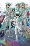  5boys :q absurdres androgynous aqua_belt belt black-framed_eyewear black_hair blonde_hair blue_eyes blunt_bangs blush boots brown_hair closed_eyes closed_mouth collarbone commentary_request falling_petals fingerless_gloves full_body glasses gloves green_eyes green_sailor_collar hair_between_eyes hat highres holding holding_stick idolmaster idolmaster_side-m inward_v jacket kagura_rei kashiwagi_tsubasa looking_at_viewer male_focus medium_hair multiple_boys nana_tetra one_eye_closed open_mouth pants petals pink_petals plant ponytail red_eyes red_hair sailor sailor_collar sailor_hat sailor_shirt sakuraba_kaoru semi-rimless_eyewear shirt short_hair smile stick tendo_teru tongue tongue_out tsuzuki_kei v v_over_mouth white_belt white_boots white_gloves white_jacket white_pants 