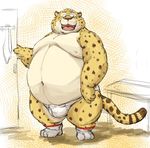  anthro benjamin_clawhauser big_bulge briefs bulge cheetah clothed clothing cute disney fangs feline kotobuki legwear male mammal navel nipples open_mouth overweight partially_clothed pink_nose simple_background smile socks solo teeth tongue topless underwear zootopia 