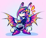  1girl armor bat_wings blush_stickers cilvia_mirell closed_eyes gloves hair_ornament hairclip highres kirby:_planet_robobot kirby_(series) meta_knight pauldrons pink_background pink_hair rayman_limbs sabaton shoulder_armor susie_(kirby) sweatdrop white_gloves wings yellow_gloves 