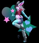  anthro blue_fur boc_(character) clothed clothing fur girly lagomorph looking_at_viewer mammal open_mouth pink_fur rabbit simple_background skimpy smile solo tongue vyotl_(artist) 