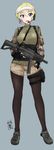  absurdres aikatsu! aikatsu!_(series) alternate_costume artist_name bangs between_breasts black_gloves black_legwear blonde_hair breasts camouflage dated earrings eyebrows_visible_through_hair fingerless_gloves foregrip full_body gloves grey_background gun h&amp;k_mp5 hair_between_eyes hattori_yuu headset heckler_&amp;_koch highres holding holding_gun holding_weapon jewelry kuroinu_momotarou large_breasts load_bearing_equipment looking_at_viewer open_mouth pantyhose pantyhose_under_shorts purple_eyes shoes short_hair short_shorts shorts signature simple_background single_earring sketch smile sneakers solo star star_earrings strap_cleavage submachine_gun thigh_strap trigger_discipline weapon 