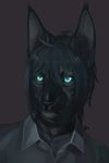 anthro black_gargoyley canine clothed clothing hair looking_at_viewer male mammal simple_background solo standing 