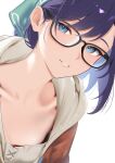  1girl a-chan_(hololive) absurdres alternate_costume aqua_eyes black-framed_eyewear blue_eyes blue_hair cohi27151463 collarbone commentary_request cross-laced_clothes cross-laced_top flat_chest glasses hair_ribbon head_tilt highres hololive hood hooded_jacket jacket looking_at_viewer parted_lips ribbon shirt short_hair simple_background smile solo swept_bangs upper_body virtual_youtuber white_background white_shirt 