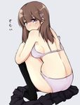  ass back bangs black_legwear blush bra breasts brown_eyes brown_hair closed_mouth eyebrows_visible_through_hair from_behind grey_background hair_between_eyes hair_ornament hairclip kneehighs kuroinu_momotarou large_breasts looking_at_viewer looking_back no_shoes original panties pink_eyes purple_bra purple_panties simple_background skirt skirt_removed solo squatting tears thighs underwear underwear_only 