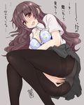  artist_name bangs between_legs black_legwear blue_bra blush bra breasts brown_eyes brown_hair cleavage collared_shirt covering covering_crotch dated eyebrows_visible_through_hair grey_background grey_skirt hair_between_eyes hand_between_legs kuroinu_momotarou long_hair looking_at_viewer lying medium_breasts mojako_(kuroinu_momotarou) on_side open_mouth original panties panties_under_pantyhose pantyhose pleated_skirt shirt short_sleeves signature simple_background skirt solo sweatdrop thighband_pantyhose thighs unbuttoned unbuttoned_shirt underwear wavy_hair white_panties white_shirt 