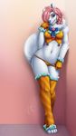  anthro breasts candy canine clothed clothing dog female fluffy food fur hair looking_at_viewer mammal panties piercing pink_hair samoyed simple_background skimpy smile solo underwear vyotl_(artist) white_fur 
