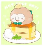  ^_^ bebe_0620 blush_stickers border butter closed_eyes cream english food food_on_face food_on_head gen_7_pokemon green_background happy honey leaf lying no_humans object_on_head on_stomach pancake plate pokemon pokemon_(creature) polka_dot polka_dot_background rowlet solo stack_of_pancakes star white_border 