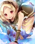  :d ass bare_shoulders blonde_hair blue_sky cloud dark_skin day dress floating gravity_daze hairband highres kitten_(gravity_daze) long_hair open_mouth red_eyes rock rushin scarf sky smile solo strapless strapless_dress vambraces 