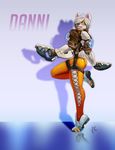  anthro bear butt clothed clothing cosplay crossdressing eyewear female fur goggles gun hair looking_at_viewer mammal overwatch polar_bear ranged_weapon simple_background smile solo tracer_(overwatch) video_games vyotl_(artist) weapon white_fur white_hair 