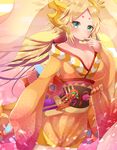  bare_shoulders breasts cleavage dragon_girl dragon_horns facial_mark green_eyes highres horns japanese_clothes kanna_(p&amp;d) kimono large_breasts long_hair looking_at_viewer obi off_shoulder petals pointy_ears puzzle_&amp;_dragons rushin sash shawl solo very_long_hair wide_sleeves wind 