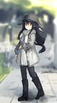  artist_name black_footwear black_hair blurry boots brown_eyes casual coat contemporary dated depth_of_field dress flat_cap full_body hair_between_eyes hair_ornament hairclip hat hatsushimo_(kantai_collection) kantai_collection knee_boots lansane long_hair long_sleeves looking_at_viewer open_clothes open_coat pantyhose scarf sidelocks sidewalk smile solo white_dress winter_clothes winter_coat 