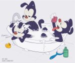 8horns animaniacs anonymous_artist anthro bathing bathing_together bathtub black_body black_fur brother_(lore) brother_and_sister_(lore) brothers_(lore) brush clothing dot_warner female fur gloves group hairbrush handwear hi_res implied_nudity inkblot male mammal red_nose rubber_duck shampoo sibling_(lore) sister_(lore) soap soap_bubbles suds trio wakko_warner warner_brothers white_body white_clothing white_fur white_gloves white_handwear yakko_warner