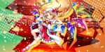  1girl ascot blonde_hair blurry bow collared_shirt commentary crystal crystal_wings depth_of_field embellished_costume english_commentary flandre_scarlet frilled_shirt_collar frilled_skirt frills game_cg grin hat hat_ribbon highres looking_at_viewer mary_janes mob_cap multicolored_wings official_art one_side_up pointy_ears puffy_short_sleeves puffy_sleeves red_eyes red_nails red_shoes red_skirt red_vest ribbon rotte_(1109) shirt shoes short_sleeves skirt skirt_set smile socks solo third-party_source touhou touhou_lostword vest white_bow white_hat white_shirt white_socks wings yellow_ascot 