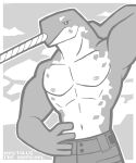 2019 anthro cetacean dolphin english_text frown hand_behind_head hand_on_hip hi_res male mammal marine monochrome monodontid muscular narwhal nipples pants_only snarkysardine solo text toothed_whale