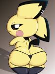 2025 absurd_res anthro big_butt black_ear_tips black_tail butt clothing digital_drawing_(artwork) digital_media_(artwork) dipstick_ears ear_markings female frown frown_eyebrows generation_2_pokemon hi_res looking_at_viewer looking_back looking_back_at_viewer multicolored_ears narrowed_eyes nintendo pichu pokemon pokemon_(species) rear_view solo tail thick_thighs thong underwear yellow_body zinzoa