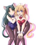  ahoge animal_ears ass_visible_through_thighs bangs black_bow black_hair black_leotard black_neckwear blonde_hair blunt_bangs bow bowtie breasts brown_eyes cat_ears cat_tail cleavage detached_collar hands_on_own_knees kittysuit large_breasts leaning_forward leotard looking_at_viewer milk_(tonpuu) multiple_girls open_mouth original pantyhose pudding_(tonpuu) purple_eyes red_bow red_leotard red_neckwear tail tonpuu white_background wrist_cuffs 