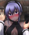  against_wall blush breasts dark_skin fate/grand_order fate/prototype fate/prototype:_fragments_of_blue_and_silver fate_(series) fujimaru_ritsuka_(male) hassan_of_serenity_(fate) looking_at_viewer medium_breasts open_mouth purple_eyes purple_hair short_hair sk02 wall_slam 