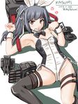  2017 adapted_costume anger_vein animal_ears armpits asymmetrical_legwear bare_shoulders black_bow black_legwear black_neckwear bow bowtie brown_eyes bunny_ears bunnysuit character_name dated detached_collar eyebrows_visible_through_hair fake_animal_ears grey_hair hair_ribbon kantai_collection kasumi_(kantai_collection) leotard long_hair lying machinery on_back ribbon rigging side-tie_leotard side_ponytail single_thighhigh solo strapless strapless_leotard tatsumi_ray thigh_strap thighhighs turret white_ribbon wrist_cuffs 