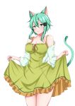  1girl absurdres alternate_costume animal_ears aqua_eyes aqua_hair bare_shoulders breasts cat_ears cat_girl cat_tail cleavage cowboy_shot dress frilled_dress frills green_dress hair_tubes highres jacket long_sleeves medium_breasts medium_hair mukhbita249 off_shoulder simple_background sinon sinon_(sao-alo) skirt_hold solo standing sundress sword_art_online tail thighs transparent_background white_jacket 