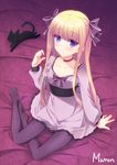  amamiya_marron artist_name bangs bed_sheet black_cat black_legwear blonde_hair blue_eyes blush breasts cat choker closed_mouth collarbone commentary_request dress eyebrows_visible_through_hair faceless full_body hair_ribbon hand_up kougei_ciel_nana long_hair no_shoes on_bed pantyhose purple_dress purple_legwear purple_ribbon ribbon sash signature sitting small_breasts smile solo sound_voltex very_long_hair yokozuwari 