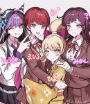  4girls black_hair blonde_hair blue_hair blush_stickers danganronpa_(series) danganronpa_3_(anime) ear_piercing fuku_sa grin hair_horns heart highres hope&#039;s_peak_academy_school_uniform hug jewelry koizumi_mahiru long_hair looking_at_viewer mioda_ibuki mole mole_under_eye multicolored_hair multiple_girls neck_ribbon open_mouth piercing pink_eyes pink_hair ponytail purple_hair red_hair red_ribbon ribbon saionji_hiyoko school_uniform serafuku shirt short_sleeves skirt smile teeth tsumiki_mikan v white_hair 