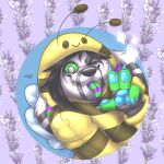absurd_res anthro arthropod bee clothing ektropi female hi_res hymenopteran insect kigurumi lavender_flower looking_at_viewer naoto one_eye_closed onesie purple_background simple_background solo spring tongue tongue_out wink winking_at_viewer