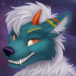  2017 anthro black_lips black_nose canine cheek_tuft digital_media_(artwork) fangs front_view fur green_fur grin hair headshot_portrait horn inner_ear_fluff jamesfoxbr lips looking_at_viewer male mammal multicolored_fur orange_eyes orange_fur orange_horn portrait snout solo space star teeth tuft watermark white_fur white_hair yellow_fur 