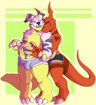  anthro anthrofied barefoot boxer_briefs bulge clothed clothing digimon duo eyes_closed gabumon guilmon hug hugging_from_behind jeanx male male/male nuzzling scalie slightly_chubby smile tanner_(baltocore) topless underwear 