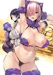  animal_costume animal_ears apron areola_slip areolae armpits arms_behind_head arms_up ass_visible_through_thighs bare_shoulders black_hair black_panties blush breasts collarbone dangerous_beast fate/grand_order fate/prototype fate/prototype:_fragments_of_blue_and_silver fate_(series) fur-trimmed_gloves fur-trimmed_legwear fur_trim gloves groin hairband hassan_of_serenity_(fate) huge_breasts kurowa large_breasts looking_at_viewer mash_kyrielight medium_breasts minamoto_no_raikou_(fate/grand_order) multiple_girls navel nipple_slip nipples panties pink_hair pubic_hair pubic_hair_peek purple_eyes purple_hair revealing_clothes short_hair side-tie_panties smile underwear wolf_costume wolf_ears 